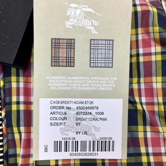 BURBERRY Brenty Check Hooded Jacket  Bright Coral Pink Girl's Size 8Y - Picture 8 of 12